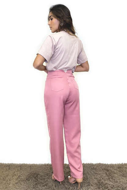 Calça reta cintura alta com nervuras rosa