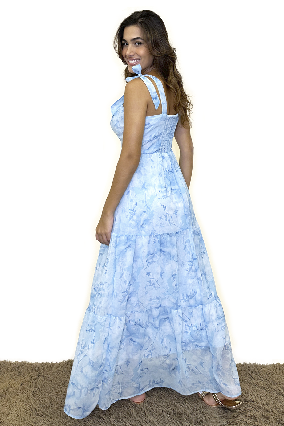 Vestido longo floral azul