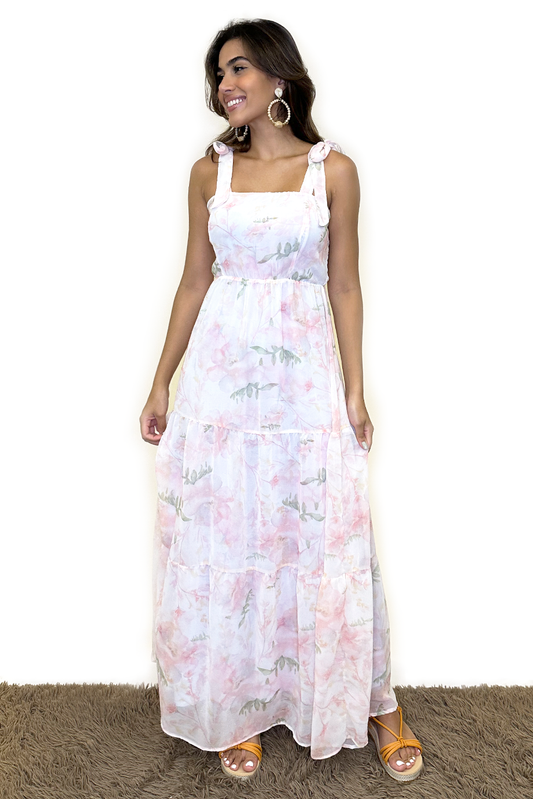 Vestido longo floral rosa